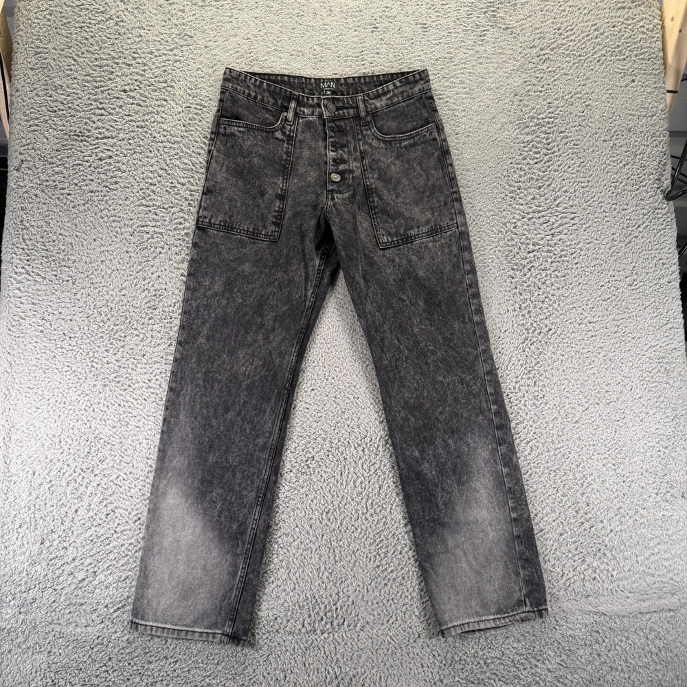 BoohooMan Jeans Mens 30x30 Black Cotton Denim Straight Faded Workwear Button-Fly